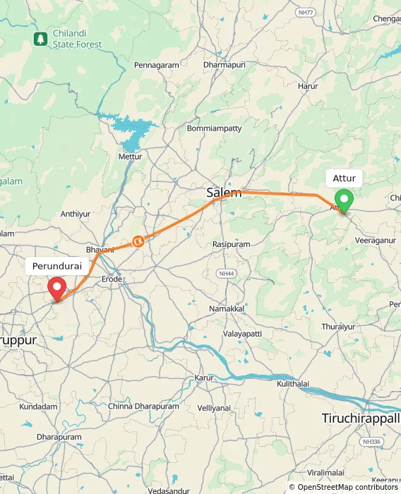 Route map showing distance and travel time from Attur, India to Perundurai, India