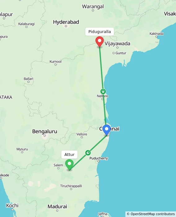 Route map showing distance and travel time from Attur, India to Piduguralla, India