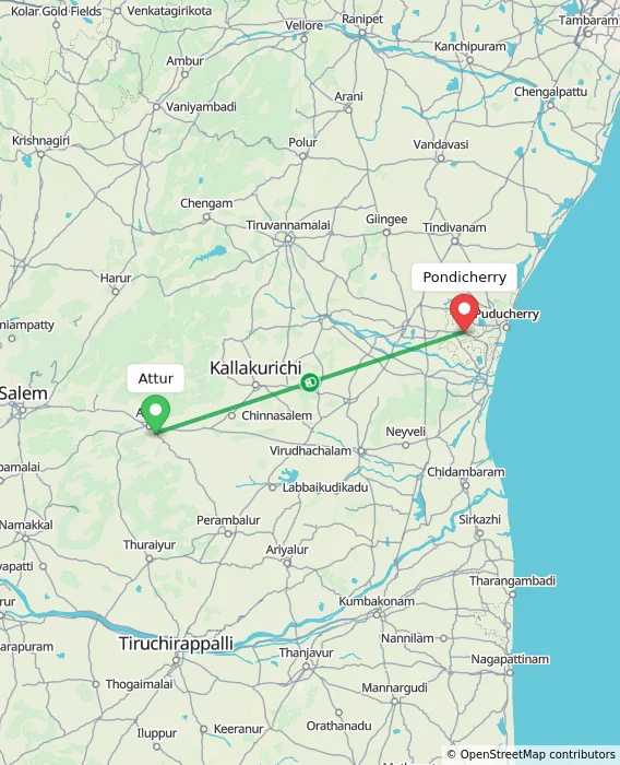 Route map showing distance and travel time from Attur, India to Puducherry, India