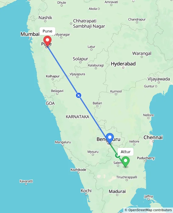 Route map showing distance and travel time from Attur, India to Pune, India