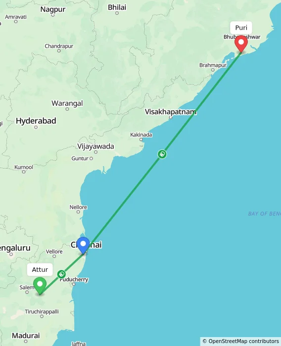Route map showing distance and travel time from Attur, India to Puri, India