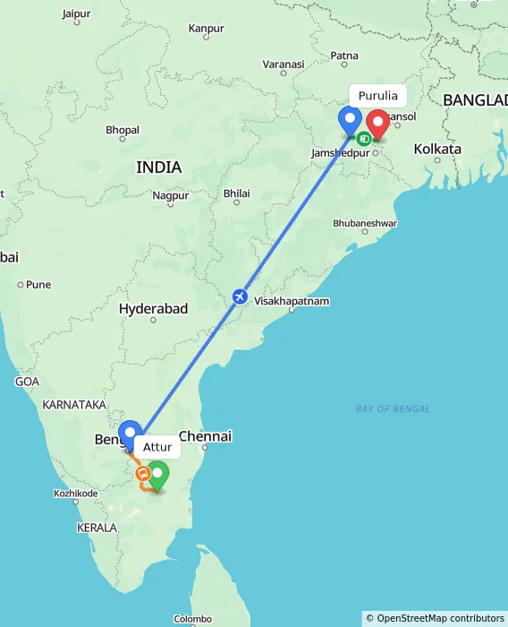 Route map showing distance and travel time from Attur, India to Purulia, India