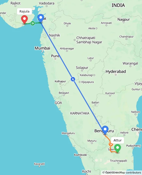 Route map showing distance and travel time from Attur, India to Rajula, India