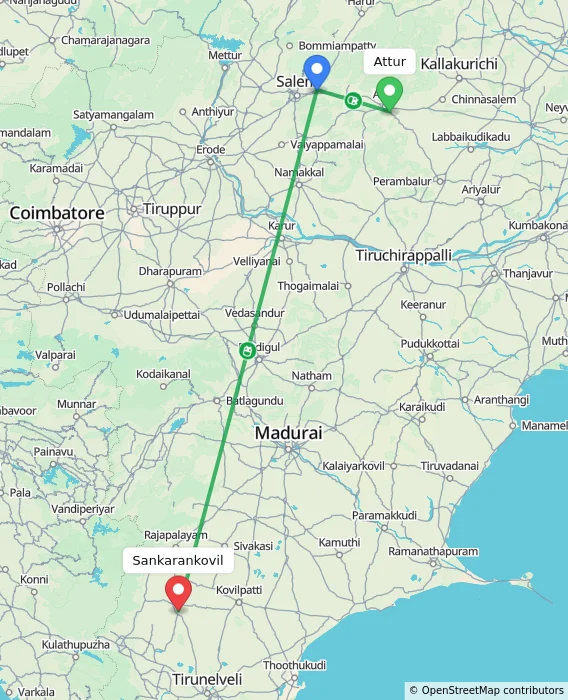 Route map showing distance and travel time from Attur, India to Sankarankovil, India
