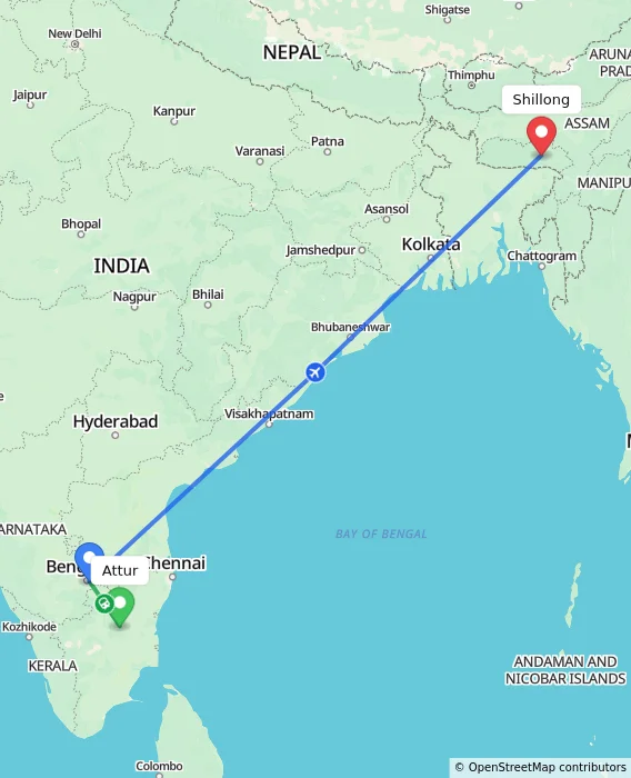 Route map showing distance and travel time from Attur, India to Shillong, India