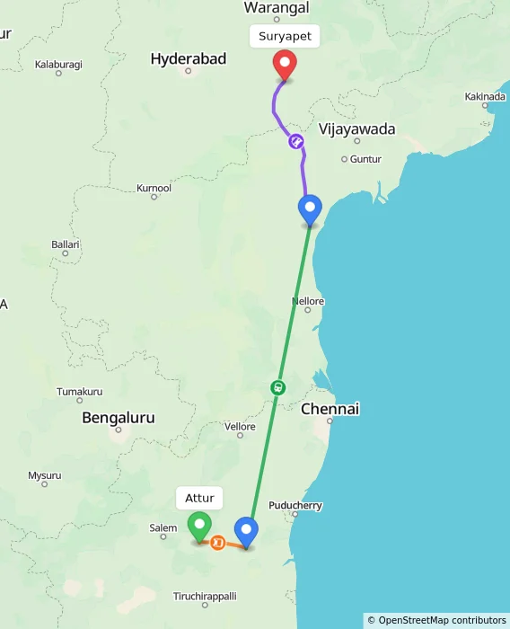 Route map showing distance and travel time from Attur, India to Suryapet, India