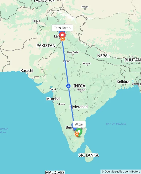 Route map showing distance and travel time from Attur, India to Tarn Taran, India