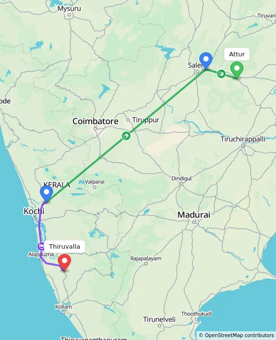 Route map showing distance and travel time from Attur, India to Thiruvalla, India