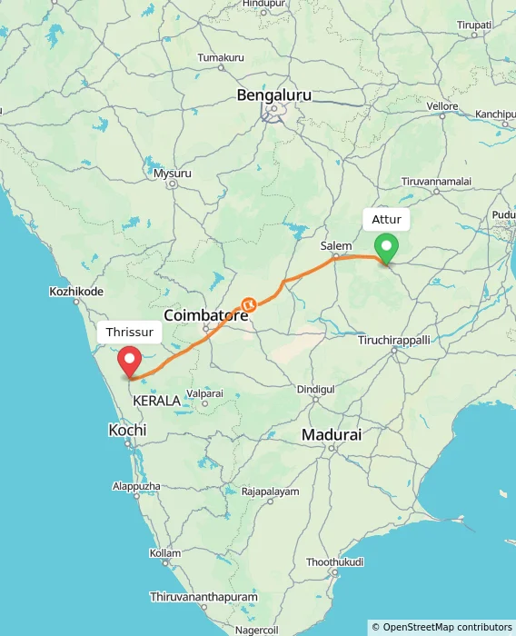 Route map showing distance and travel time from Attur, India to Thrissur, India