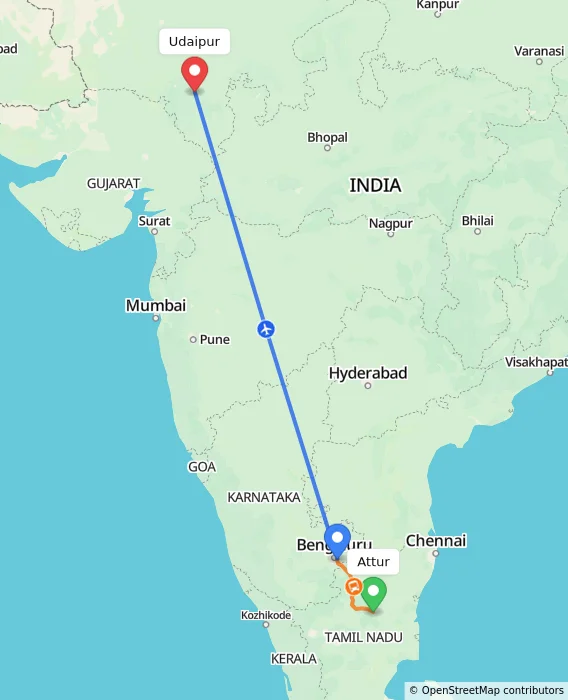 Route map showing distance and travel time from Attur, India to Udaipur, India