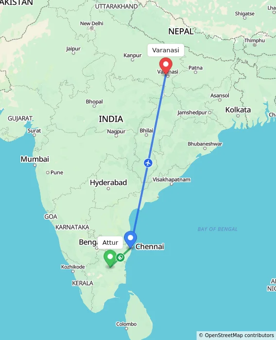 Route map showing distance and travel time from Attur, India to Varanasi, India