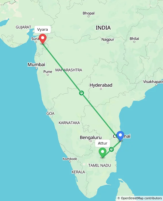 Route map showing distance and travel time from Attur, India to Vyara, India