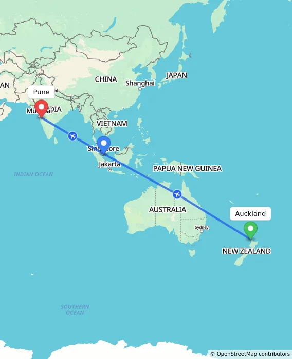 Route map showing distance and travel time from Auckland, New Zealand to Pune, India