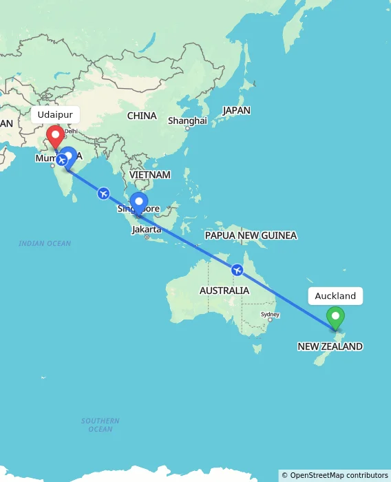 Route map showing distance and travel time from Auckland, New Zealand to Udaipur, India