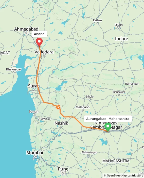 Route map showing distance and travel time from Aurangabad, Maharashtra, India to Anand, India