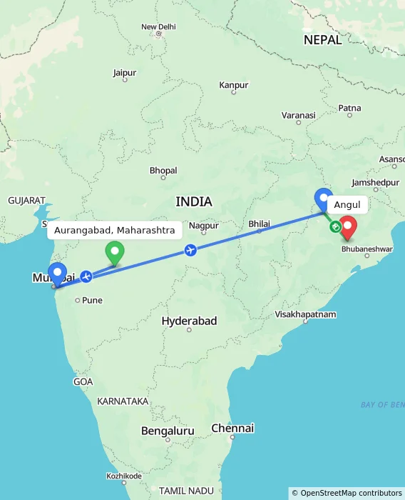 Route map showing distance and travel time from Aurangabad, Maharashtra, India to Angul, India