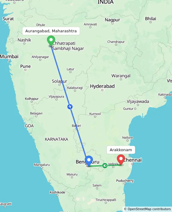Route map showing distance and travel time from Aurangabad, Maharashtra, India to Arakkonam, India