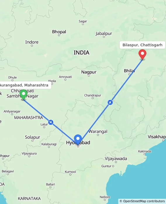 Route map showing distance and travel time from Aurangabad, Maharashtra, India to Bilaspur, Chattisgarh, India