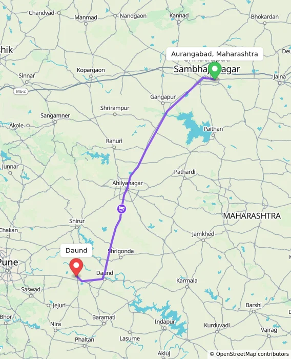 Route map showing distance and travel time from Aurangabad, Maharashtra, India to Daund, India