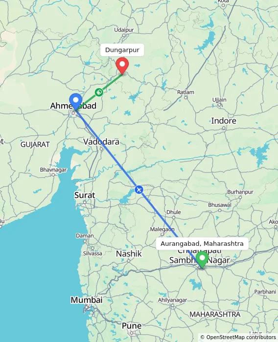 Route map showing distance and travel time from Aurangabad, Maharashtra, India to Dungarpur, India