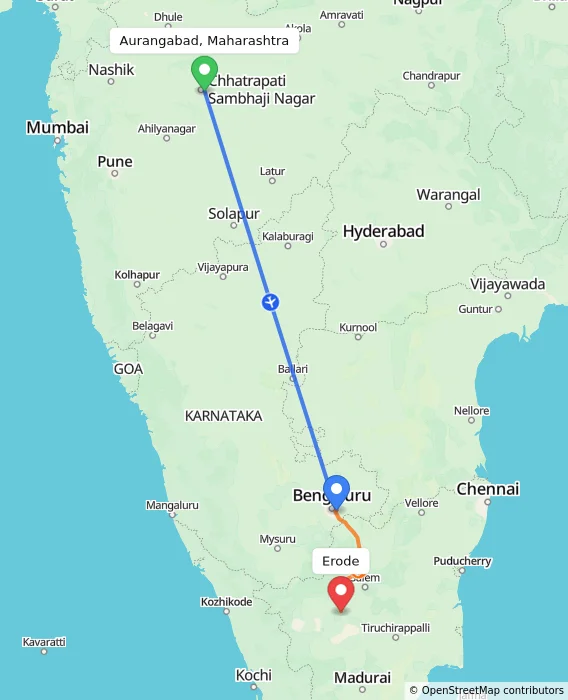 Route map showing distance and travel time from Aurangabad, Maharashtra, India to Erode, India