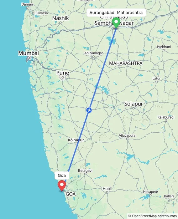 Route map showing distance and travel time from Aurangabad, Maharashtra, India to Goa, India