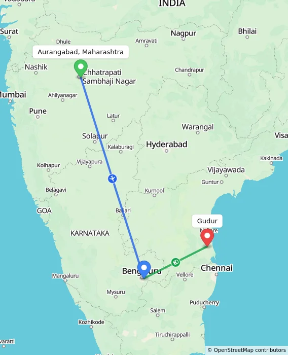 Route map showing distance and travel time from Aurangabad, Maharashtra, India to Gudur, India