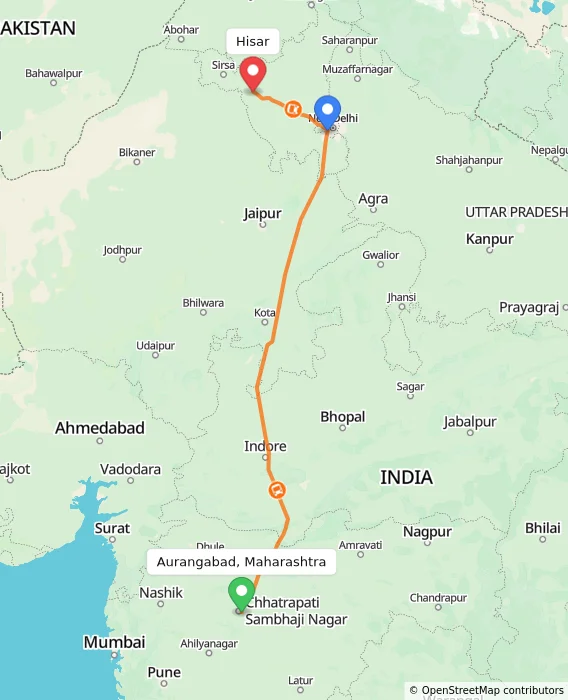 Route map showing distance and travel time from Aurangabad, Maharashtra, India to Hisar, India