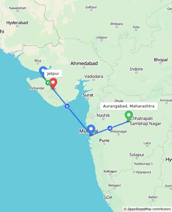 Route map showing distance and travel time from Aurangabad, Maharashtra, India to Jetpur, India