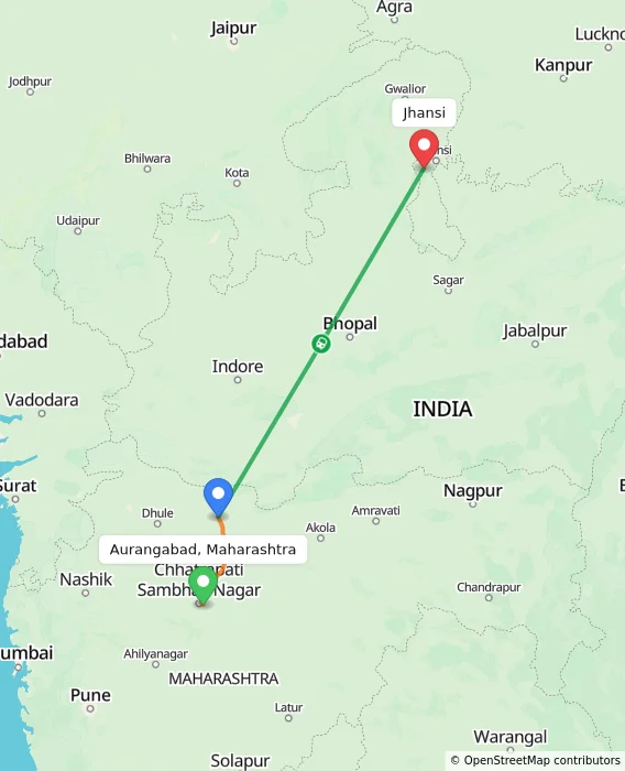 Route map showing distance and travel time from Aurangabad, Maharashtra, India to Jhansi, India