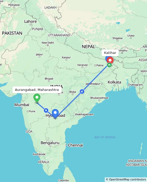 Route map showing distance and travel time from Aurangabad, Maharashtra, India to Katihar, India
