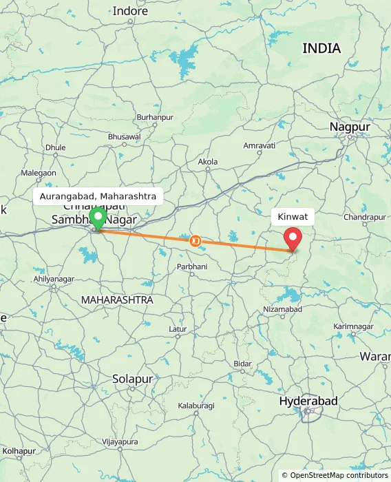 Route map showing distance and travel time from Aurangabad, Maharashtra, India to Kinwat, India