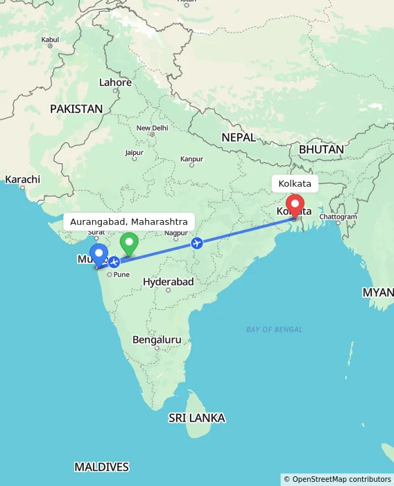 Route map showing distance and travel time from Aurangabad, Maharashtra, India to Kolkata, India