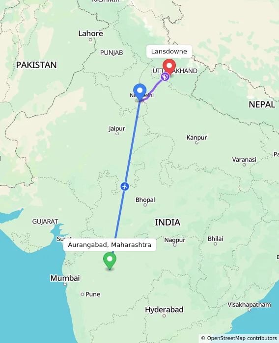 Route map showing distance and travel time from Aurangabad, Maharashtra, India to Lansdowne, India