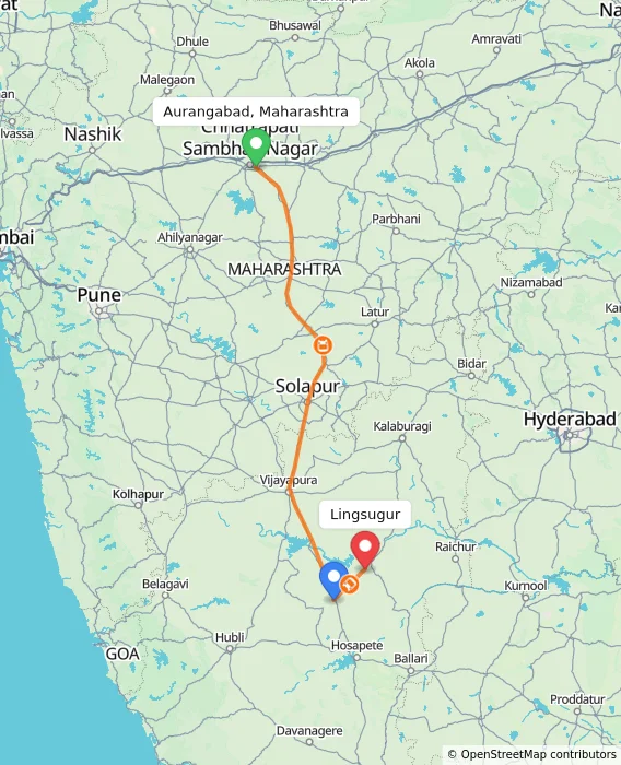 Route map showing distance and travel time from Aurangabad, Maharashtra, India to Lingsugur, India