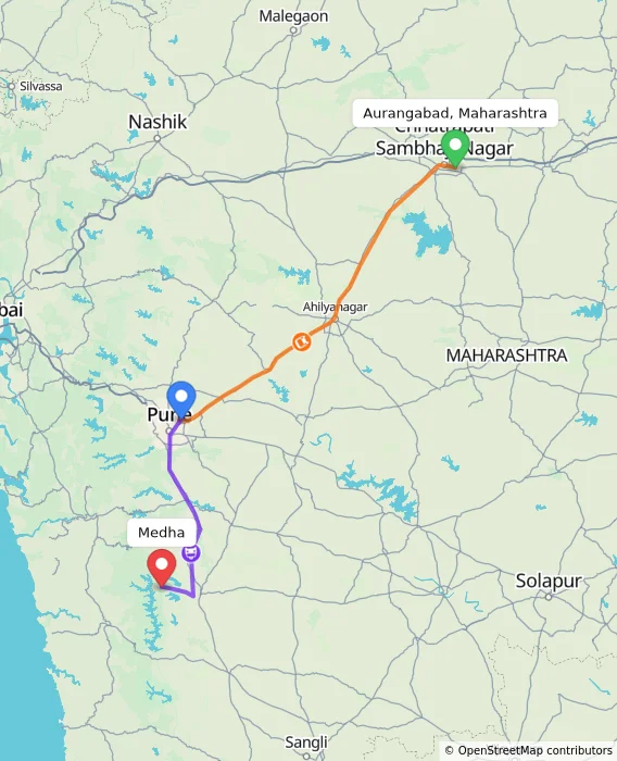 Route map showing distance and travel time from Aurangabad, Maharashtra, India to Medha, India