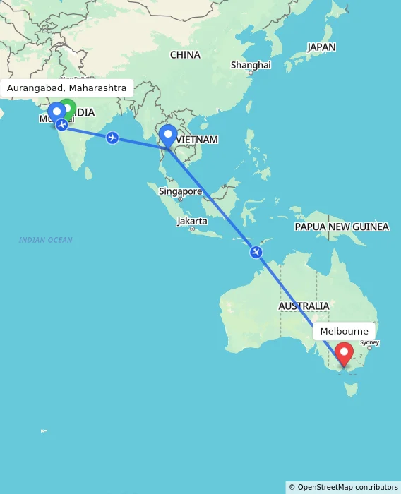 Route map showing distance and travel time from Aurangabad, Maharashtra, India to Melbourne, Australia