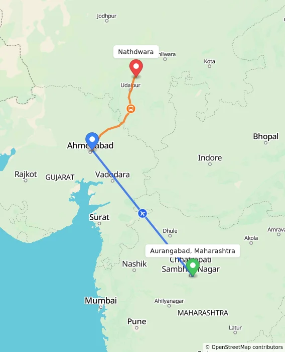 Route map showing distance and travel time from Aurangabad, India to Nathdwara, India