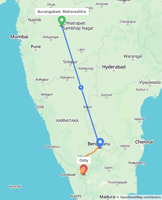 Route map showing distance and travel time from Aurangabad, Maharashtra, India to Ooty, India