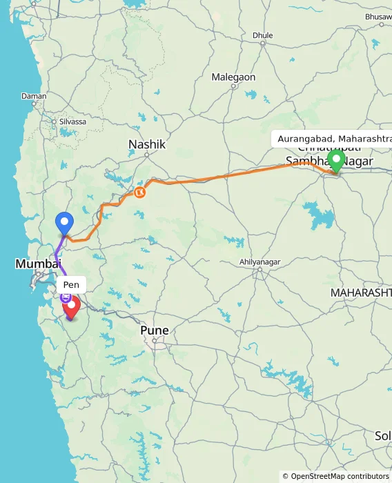 Route map showing distance and travel time from Aurangabad, Maharashtra, India to Pen, India