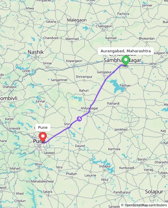 Route map showing distance and travel time from Aurangabad, Maharashtra, India to Pune, India