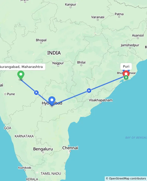 Route map showing distance and travel time from Aurangabad, Maharashtra, India to Puri, India