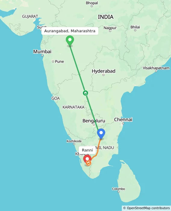 Route map showing distance and travel time from Aurangabad, Maharashtra, India to Ranni, India