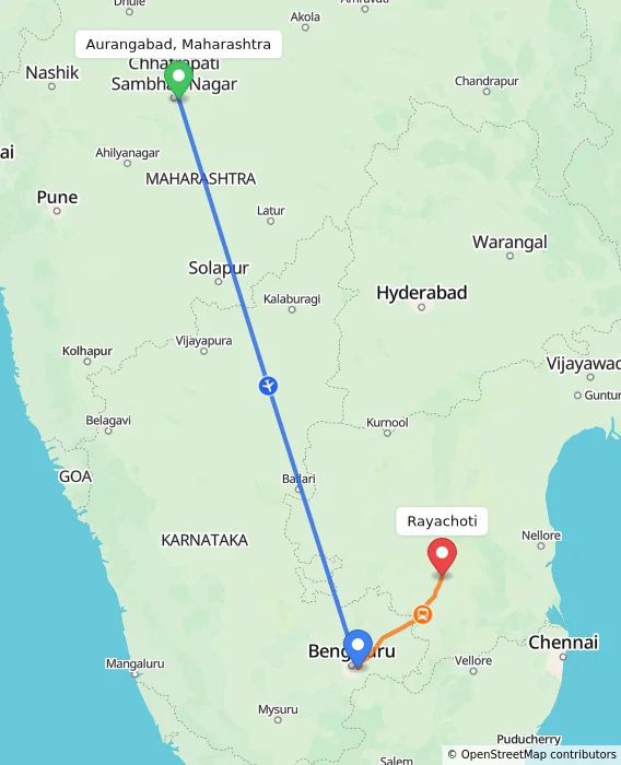 Route map showing distance and travel time from Aurangabad, Maharashtra, India to Rayachoti, India
