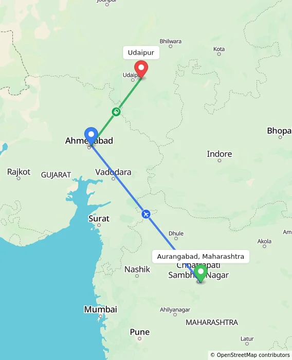 Route map showing distance and travel time from Aurangabad, Maharashtra, India to Udaipur, India