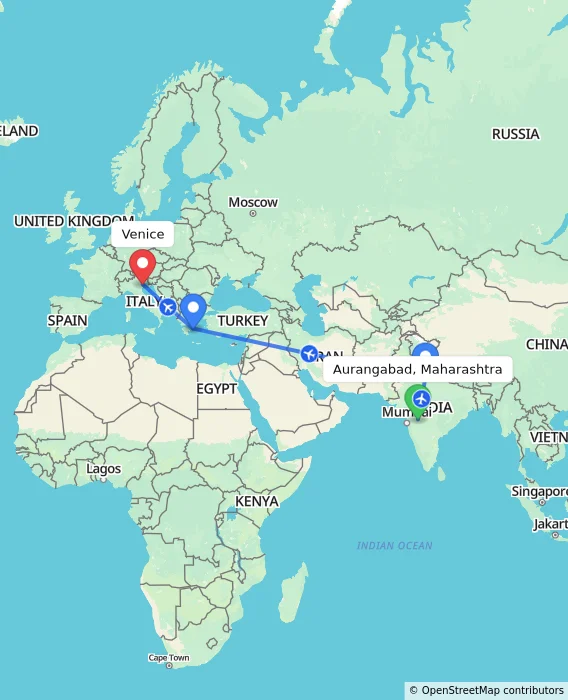 Route map showing distance and travel time from Aurangabad, Maharashtra, India to Venice, Italy