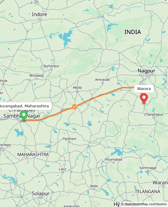 Route map showing distance and travel time from Aurangabad, Maharashtra, India to Warora, India
