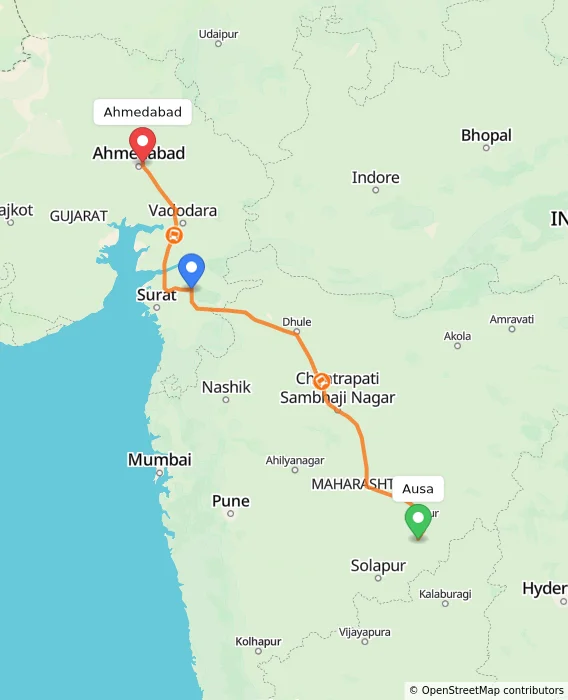Route map showing distance and travel time from Ausa, India to Ahmedabad, India