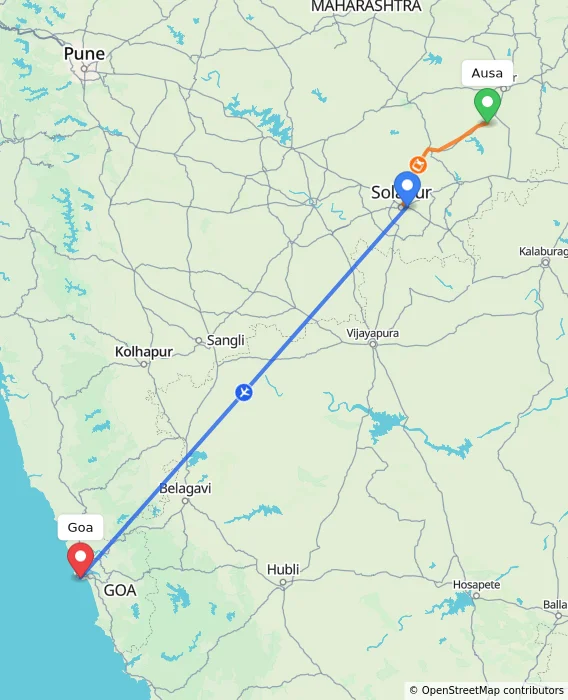 Route map showing distance and travel time from Ausa, India to Goa, India