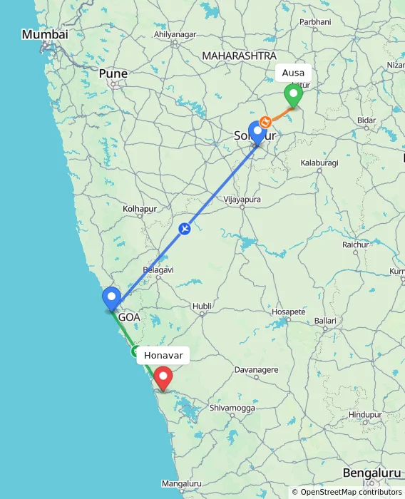 Route map showing distance and travel time from Ausa, India to Honavar, India